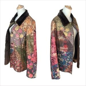 Y2K Faux Suede Patchwork Shearling Coat Boho Indie Festival Floral Sz M/L